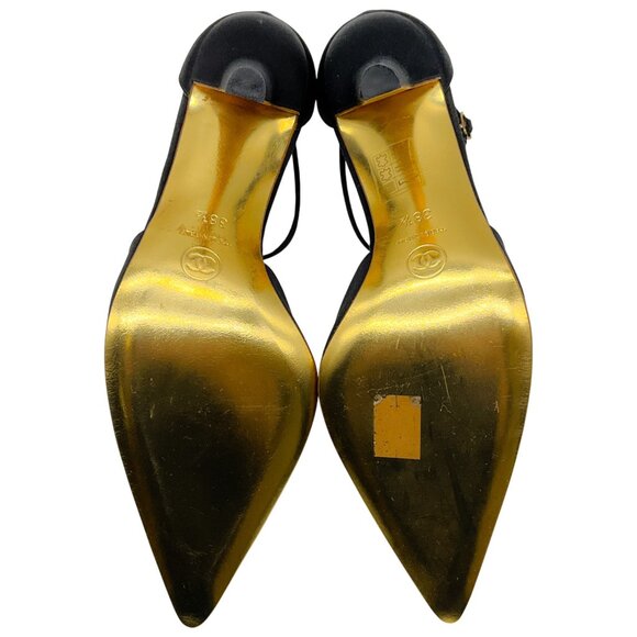 Chanel Vintage Black Satin Gold T Strap Pumps with Pearl - Picture 6 of 6